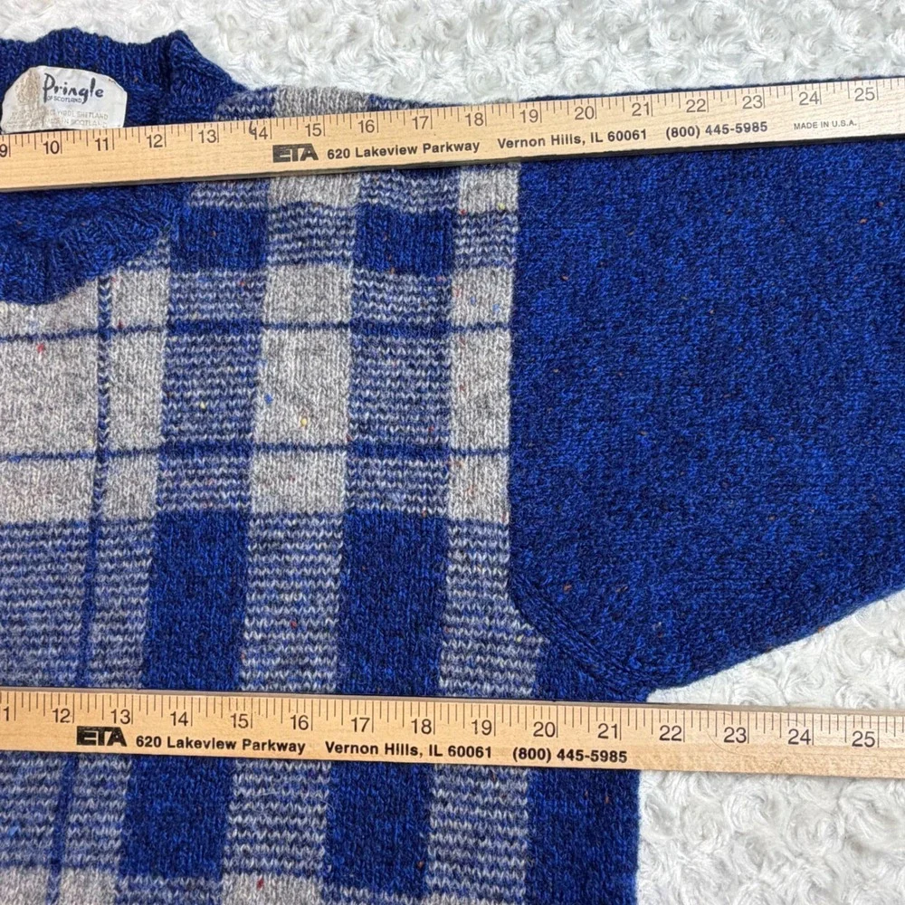 Pringle of Scotland Mens Vintage Blue Plaid 100% Shetland Wool Sweater Medium